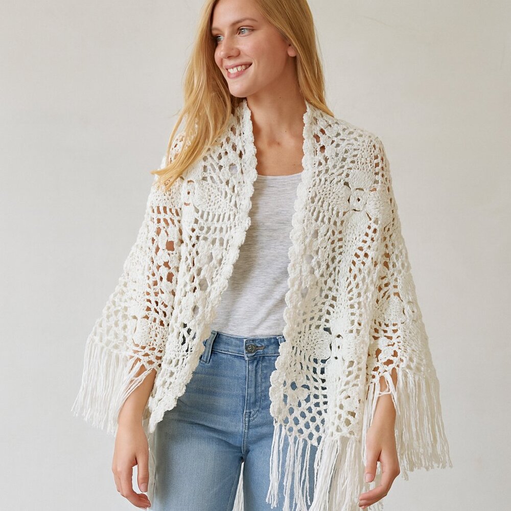 Cozy Elegance: One size Cream Handknit Crochet Cottagecore Boho Shawl
